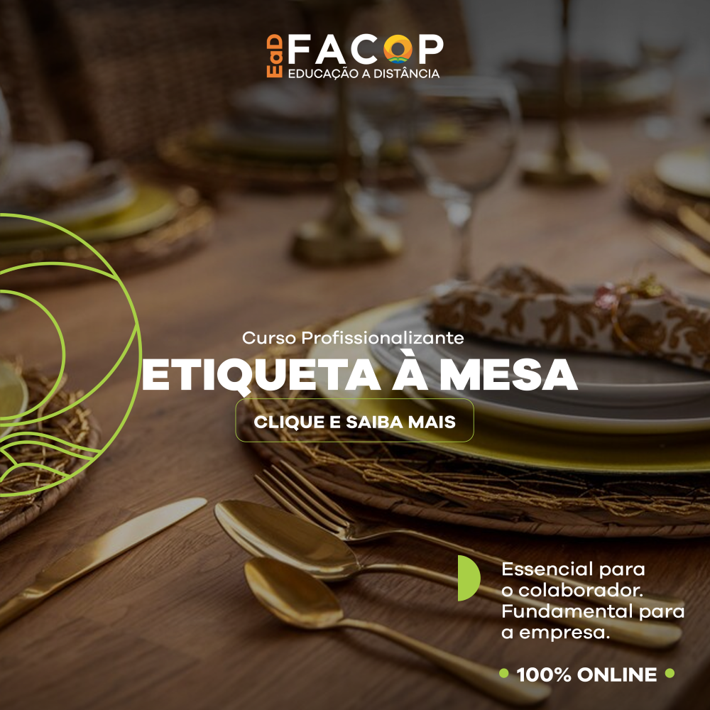 O curso de Etiqueta à Mesa apresenta como realizar o mise en place ou preparação da mesa para o serviço de alimentação, com base na forma correta de montar e dispor a louça, talheres, taças/copos e outros assessórios para a refeição. Esse curso tem certificação de 2 horas.
 
 
 