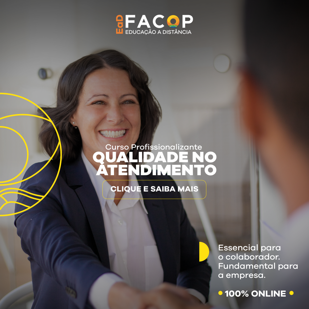 O curso de Qualidade no Atendimento apresenta os princípios e técnicas para um atendimento de qualidade. Aborda também a etiqueta no atendimento virtual, bem como os comportamentos dos atendentes desejados pelo cliente no processo do atendimento de qualidade. Esse curso tem certificação de 2 horas.
 
 
 